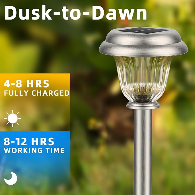 DERAYSION Solar Lights Outdoor Pathway, 6 Pack Stainless Steel Glass Solar Garden Lights, Auto On/Off Long-Lasting Waterproof Outdoor Solar Lights for Yard, Landscape, Path, Driveway, Walkway Décor | Glass Sturdy Stainless Steel, Long-Lasting driveways...