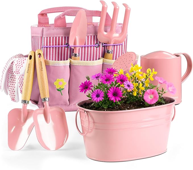 8Pcs Kids Gardening Set with Metal Basket & Real Metal Tools, STEM Outdoor Exploration Kit, Ergonomic Wooden Handles, 3 Shovels, Rake, Watering Can, Gloves, Toy Gift for Toddler Boys Girls