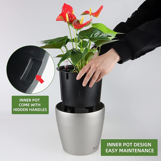 Dexceder 9x8 Self Watering Planter (Smoky Gray Matte) | Inner Pot Design, Thickened Metallic Table Flower Plant Pot with Water Level Indicator Indoor Outdoor