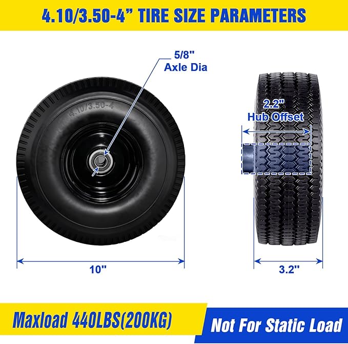 4.10/3.50-4 Flat Free Tire, 10 Inch Solid Tires and Wheels Replacement with 5/8'' Bearings, 2.2" Offset Hub for Hand Truck, Dolly, Wheelbarrow, Includes Adapter Kit (2 PACK)