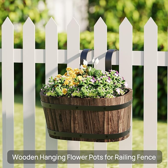 Wooden Hanging Planter for Railing Fence Outdoor Planter Railing Planter Boxes for Plants Wall Planters Window Flower Box Hanging Bucket Pots Countryside Plant Holder (Carbonized,1pcs,Small)