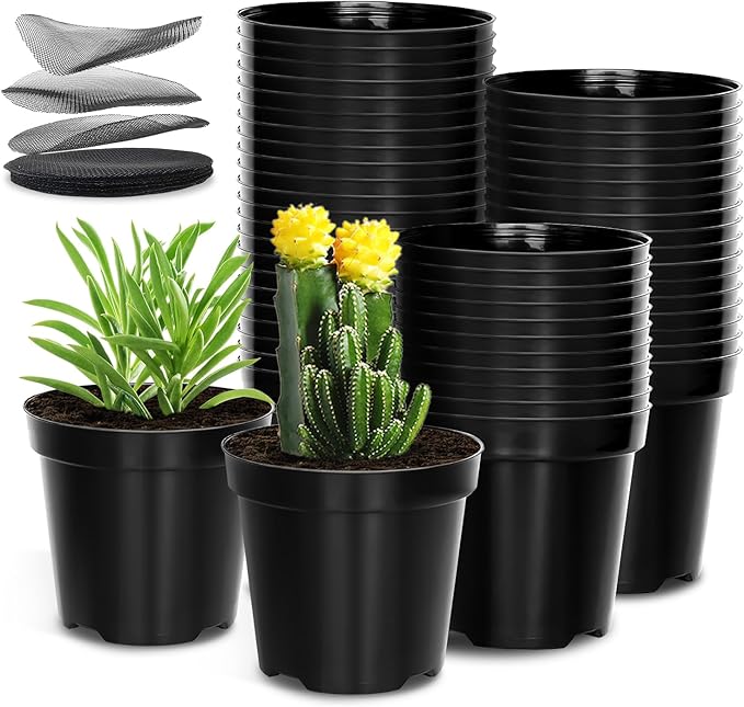 RooTrimmer 40 Pack 4 Inch Plant Nursery Pots with Mesh Pad, Sturdy Plastic Flower Planter Pots with Drainage Holes, Seed Starter Pots for Planting Seedings Cuttings Succulents Indoor Ourdoor, Black