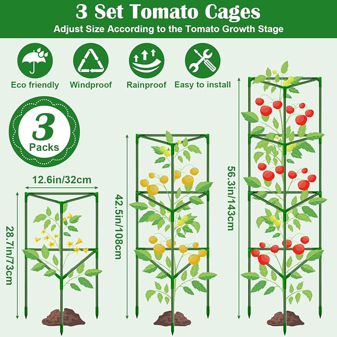 3 Packs Fiberglass Tomato Cages for Garden, 56 Inch Tall Tomato Plant Support, Adjustable Tomatoes Stakes Plant Climbing Trellis for Garden Vegetables Fruits, Tomatoes Support Cages with Clips