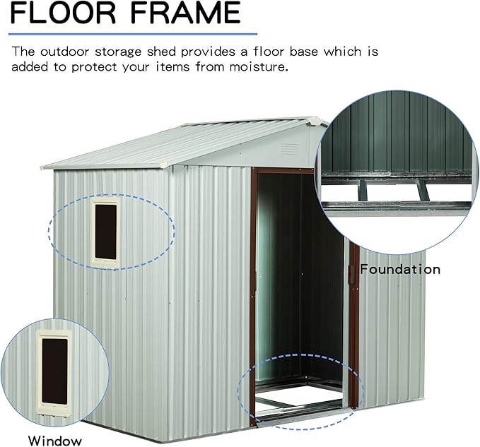 YOPTO 8Ft x 4Ft Outdoor Metal Storage Shed with Side Window, Garden Tool Shed w/Sliding Doors & Lock, Floor Base and Air Vents, Utility Storage House for Backyard Lawn, White