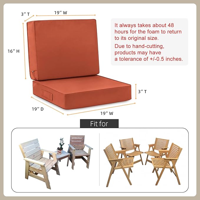Favoyard Deep Seat Patio Cushion Set 19 x 19 Inch Waterproof Outdoor Chair Cushions for Patio Furniture with Fade Resistant and Removable Cover with Handle & Adjustable Straps for Patio, Yard, Garden