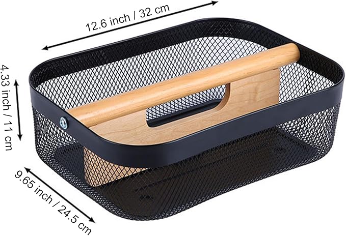 AJIODA Metal Mesh Steel Storage Basket, Garden Harvest Wire Organizer Basket Multi-functional Kitchen Fruit Basket with Wooden Removable Partition & Handle for Bathroom Picnic Decor Cabinet, Black