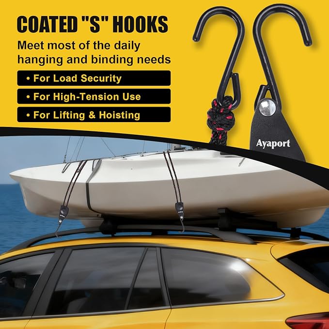 Ayaport Adjustable Rope Hanger Grow Light Hanger, 12Ft 1/4" Heavy Duty Plant Pulley Rope Tightener Ratchet Tie Down with S Hook for Kayak, Tarp, Tent Tie Downs, Hanging Plants, 4 Pack