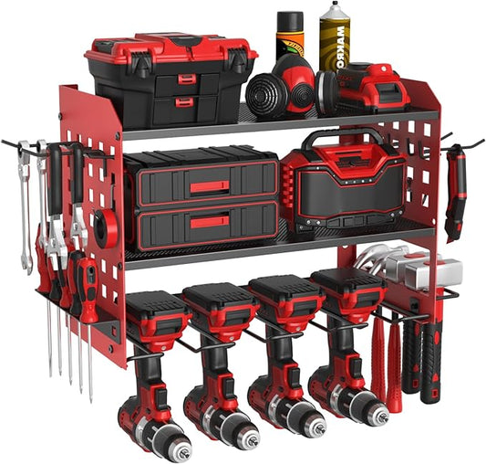 SUNALLY Power Tool Organizer, Heavy Duty Wall Mount Tool Organizer 3 Layers with 4 Drill Holders, Garage Tools Storage Rack with 2 Side Pegboards and Hooks for Workshop, Shed, Red