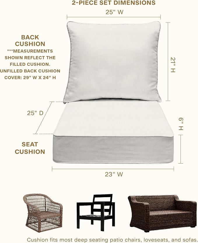 Honeycomb Outdoor Heritage Deep Seat, 23 x 25, Textured Solid Bone Chair Cushion with Removable Cover, for Patio Furniture