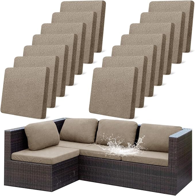 CALBODE 14Pcs Outdoor Stretch Cushion Covers,Waterproof Outdoor Chair Cushion Covers for Patio Furniture, Washable Jacquard Couch Covers Replacement for Patio Furniture(Khaki, Cover Only)