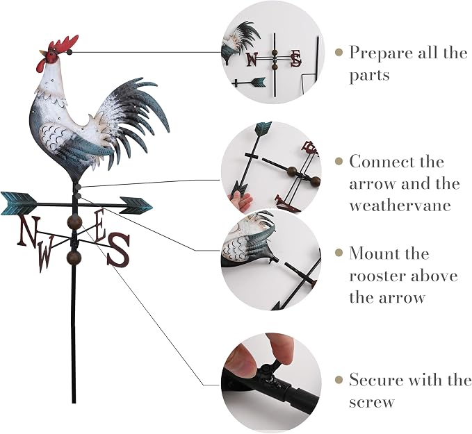 TERESA'S COLLECTIONS Garden Decor with Solar Outdoor Lights, White Rooster Yard Art Sign for Outside, 39.4'' Metal Weathervane Decorative Garden Stake for Outdoor Decor, Lawn, Gifts for Fathers Day