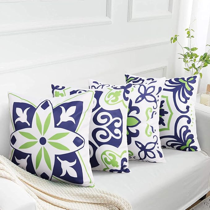 Pyonic Set of 4 Outdoor Pillow Covers 20x20 Waterproof Decorative Throw Pillow Covers Floral Printed Farmhouse Boho Pillowcase for Patio Funiture Garden Navy Blue