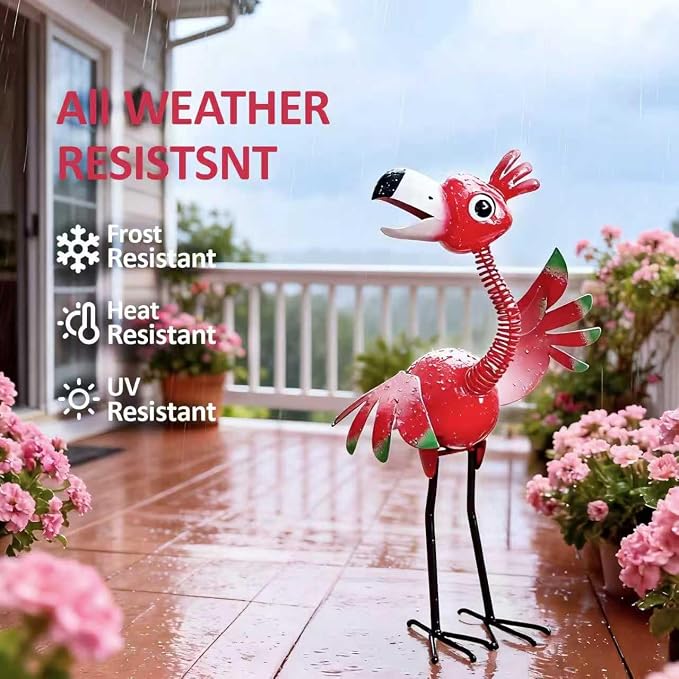 Natelf Funny Outdoor Metal Welcome Flamingo Garden Yard Statue | Waterproof and Rust-proof Whimsical Pink Bird Sculpture for, Porch, Patio, Backyard Decor, 21.46''