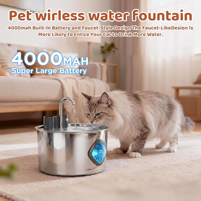3.2L Wireless Pet Water Fountain, 4000mAh Rechargeable Stainless Steel Dispenser with Infrared Sensor & 3-Stage Filtration, Ultra-Quiet Pump, Indoor & Outdoor Use for Cats & Dogs
