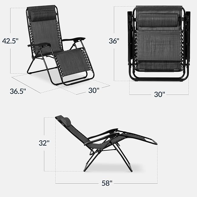 Best Choice Products Set of 2 Extra Wide Adjustable Steel Mesh Zero Gravity Lounge Chair Recliners w/Pillows and Cup Holder Trays - Gray