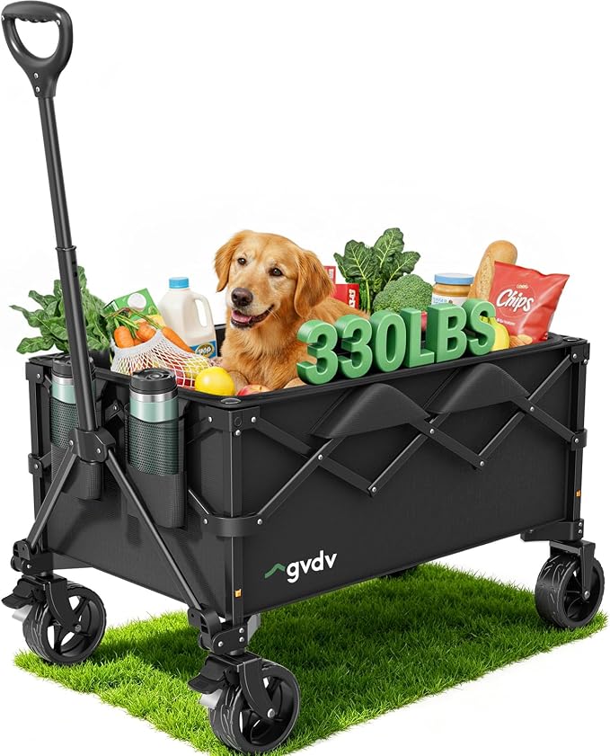 GVDV CW35 Wagons Carts Foldable, 42-Inch Extended Handle Collapsible Utility Wagon with Wheels, Shopping Cart, 330LBS Heavy-Duty Cart for Groceries, Camping, Beach, Garden, Sports