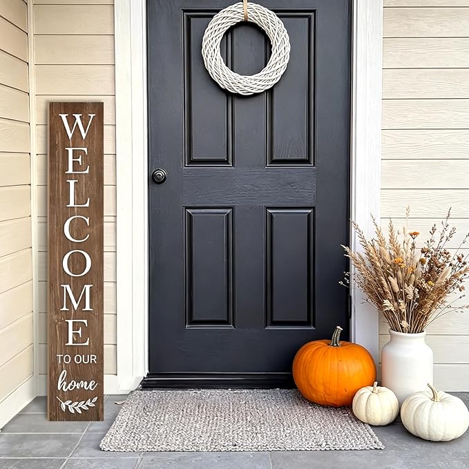 Summer Welcome Sign for Front Door, 47'' Brown Wooden Porch Sign Large Warm Greeting Door Sign Farmhouse Vertical Porch Sign Rustic Standing Welcome Yard Signs for Patio Outdoor Indoor Garden