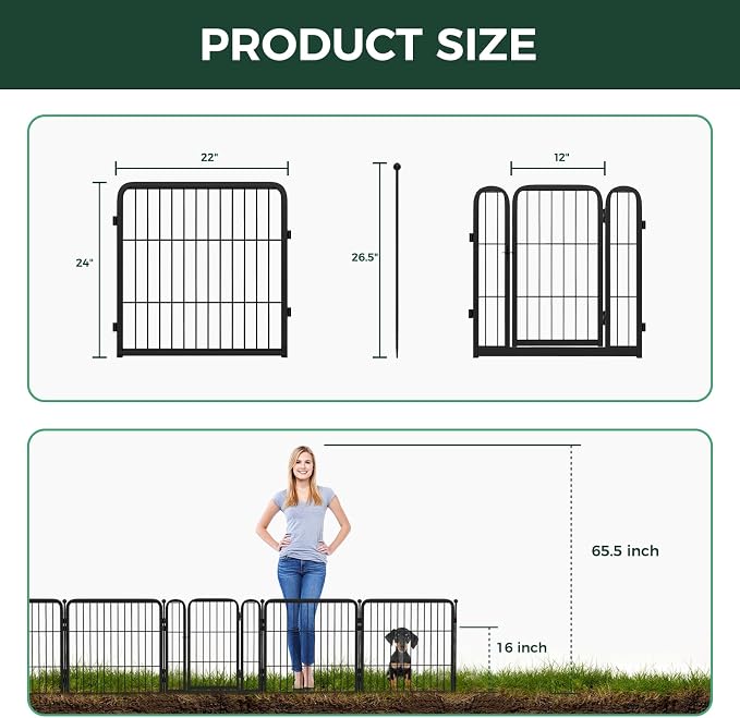 FXW Garden Fence Outdoor for the Yard – 24in(H) x 3.8ft(L) Heavy Duty Metal Animal Barrier for Dog, No Dig Decorative Dog Fence, 2 Panels, Black