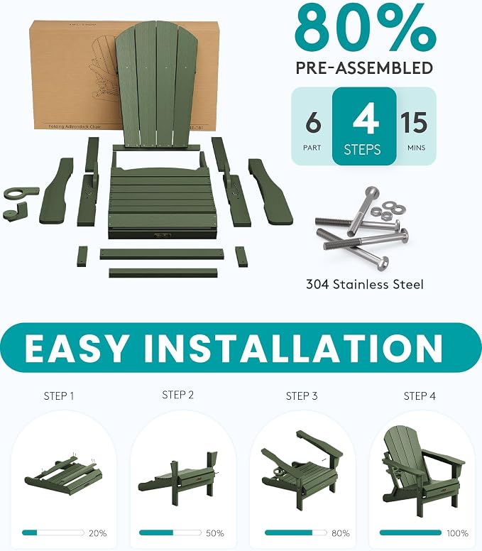 SERWALL Adirondack Chair Set of 4, Weather Resistant HIPS Patio Chairs with Cup Holder for Patio Garden Outdoors Fire Pit- Army