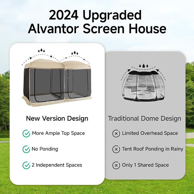 Alvantor Pop Up Screen House Tent, Instant Outdoor Gazebo with Mosquito Netting & UPF 50+ Sun Protection, Portable Canopy Shelter for Patio, Backyard, Camping (2-10 Person)