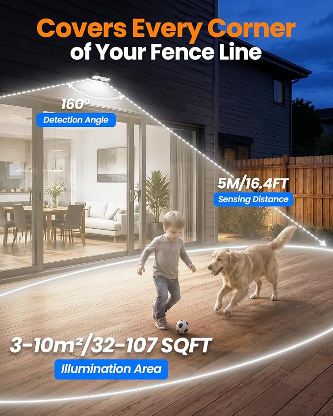 VOLISUN Fence Lights Solar Powered, Motion Sensor Outdoor Lights 160° Wide Angle 16.4FT Detection, IP65 Waterproof, 3 Modes, Dusk to Dawn, 6000K Cool White Solar Fence Lights for Garden Yard 8 Pack