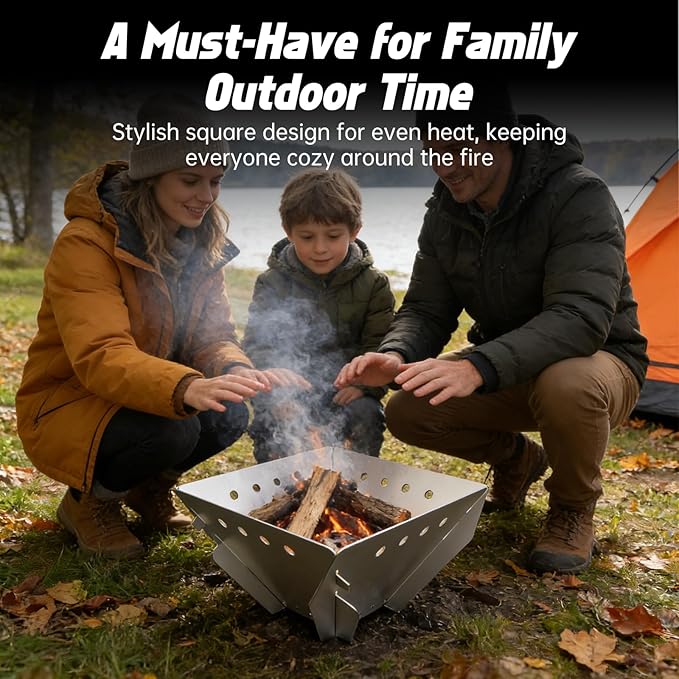 Stainless Steel Fire Pit for Camping, Collapsible Fire Pit for Outdoor Use, 2-4 Person Portable Firepit, Tool-Free Assembly, Patio, Bonfire, Picnic and BBQ with Grill Net & Canvas Storage Bag