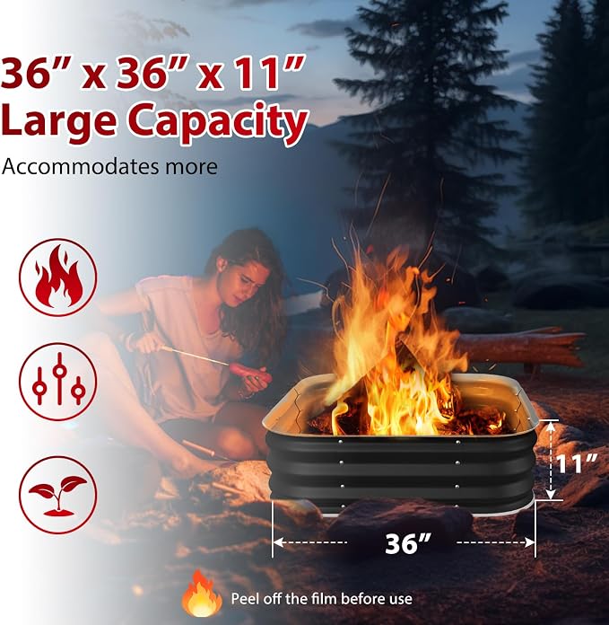 Fire Pit 36 Inch, Height 11.5 Inch, Square Galvanized Steel Fire Pit for Outside, Heavy Duty Steel Fire Pits In-Ground for Backyard,Camping, Bonfire,Raised Garden Bed for Garden (3X3X1 FT)