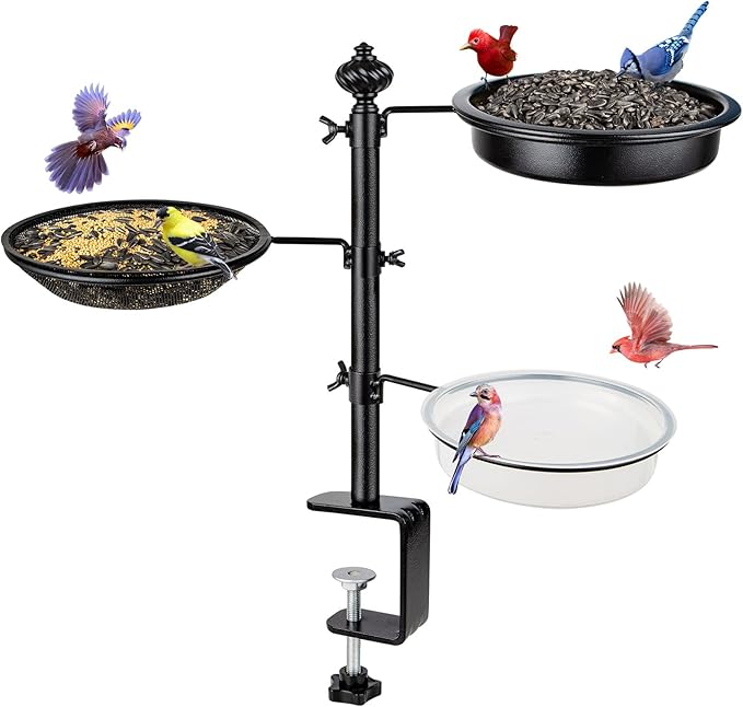 Deck Bird Feeder for Railing, BOLITE Balcony Bird Feeders for Outside, Three Trays, Enhanced Version, Black, Birthday Gifts for Women Men, Gifts for Mom Dad