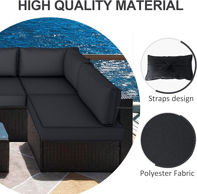 14 Piece Outdoor Furniture Replacement Cushions, Cover+Filling, 25.6" x 25.6" x 4" Foam Waterproof Outdoor Sofa Cushion Sets, Fit Wicker Rattan Sectional Conversation Set, Black