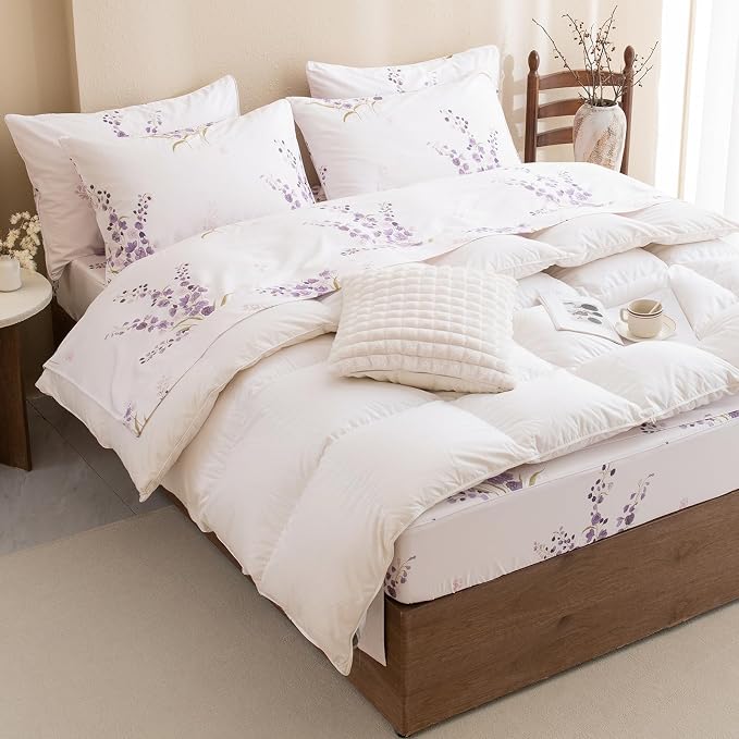 QSH Lavender Floral Bed Sheets Queen Size - 100% Egyptian Cotton Sheets Purple Flower Printed Bedding Sheets Queen Size Bed 4pcs Deep Pockets Bed Sheets