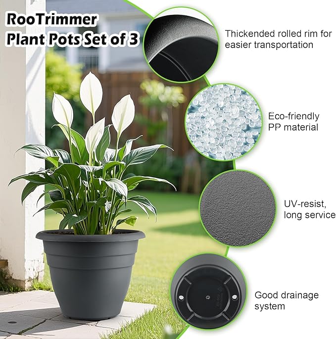 RooTrimmer 12 Inch Plant Pots, Large Planters for Outdoor Plants, Plastic Flower Pots - Durable and Lightweight with Drainage Holes (3 Packs, Gray)