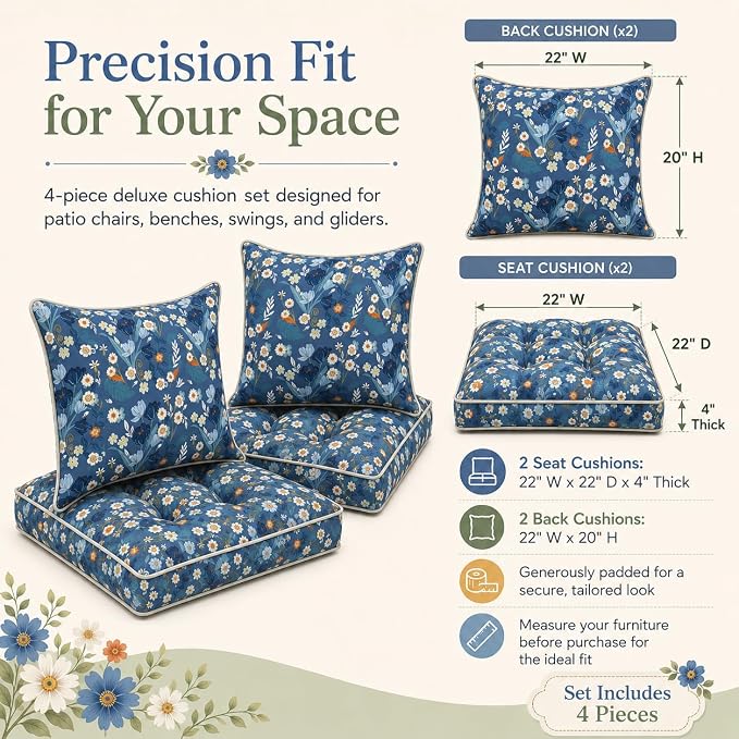 22x22 Waterproof Outdoor Chair Cushions Set of 2, Patio Cushions for Outdoor Furniture Water-Resistant & Fade-Resistant, Deep Seat & Back Cushion for Wicker Sofa (Blue Floral)