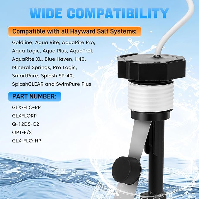 Upgraded GLX-FLO-RP Pool Flow Switch Assembly Compatible with Hayward Goldline Aqua Rite Salt Chlorine Generator System, Flow Sensor with 15ft Cable (Metal Probe)