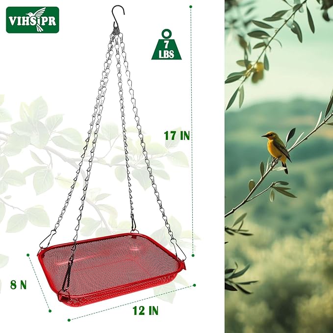 Hanging Bird Feeder for Outdoors – 12 x 8 in Rectangular Platform Bird Feeder, Metal Mesh Seed Tray for Wild Birds, Red