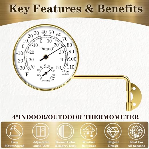 Outdoor Thermometer - Weatherproof & Decorative Outside Temperature Gauge for Window, Greenhouse Accessories and Patio (Easy-Read Brass Swivel Design) (4inch Gloden case+ White dial)