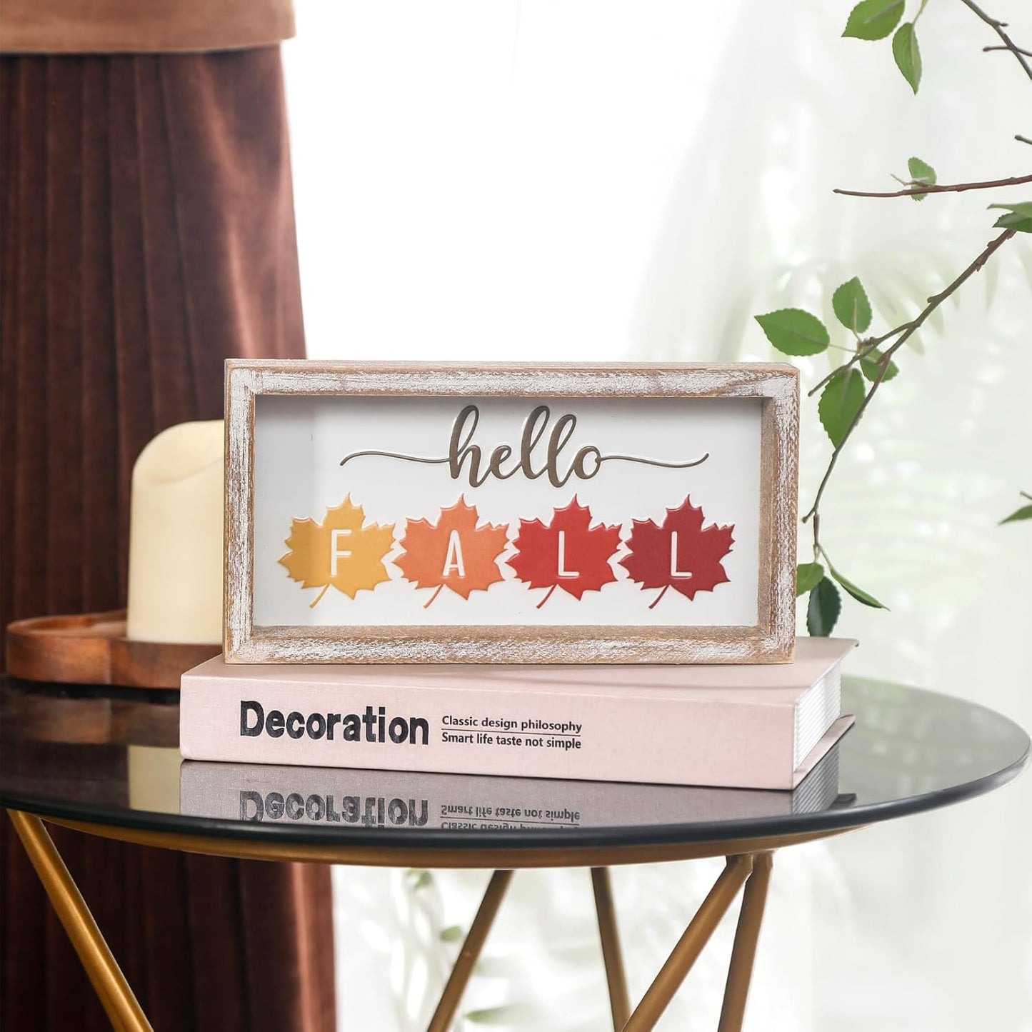 Embossed Hello Fall Sign, Farmhouse Fall Decorations for Home, Modern Autumn Home Decor Indoor, Wooden Thanksgiving Tiered Tray Decor for Table Shelf Cubicle Desk Mantel