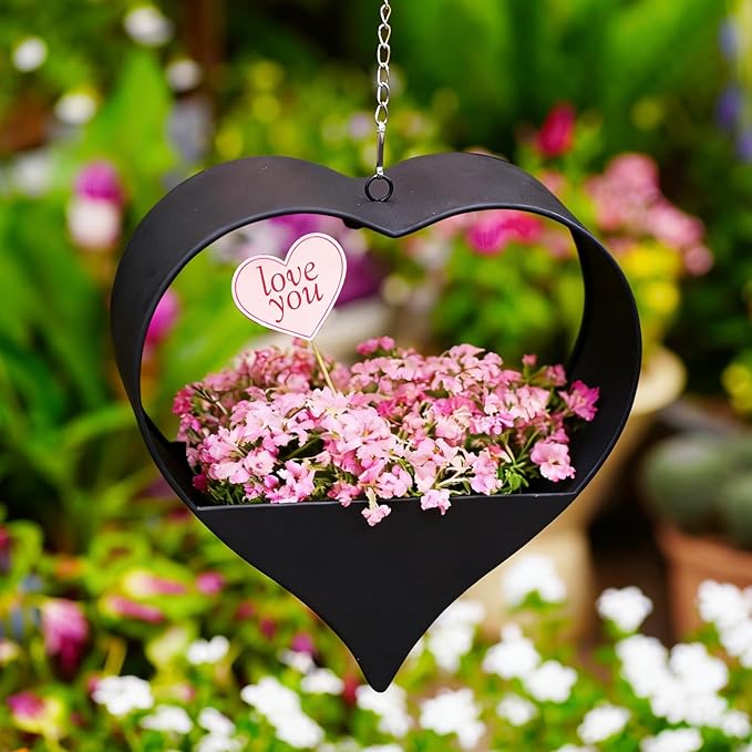 Metal Plant Hangers Indoor and Outdoor: Birthday Gifts for Mom Women Her Wife Garden Lovers - Heart Shape Hanging Planters for Window Wall Living Room Office Decor(Black)