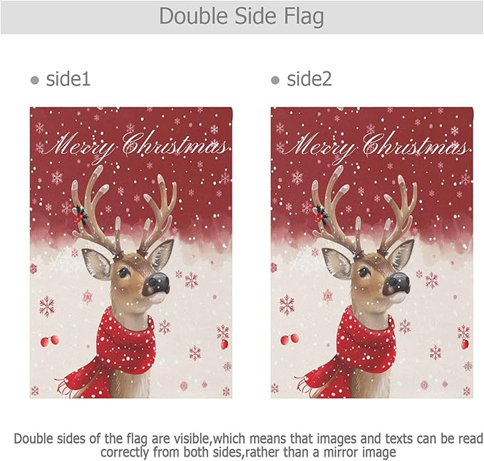Merry Christmas Reindeer House Flag 28x40 Inch Double Sided Outside Winter Snowflake Poinsettia Xmas Seasonal Yard Outdoor Flag Banner for Garden Lawn Patio Holiday Decorations