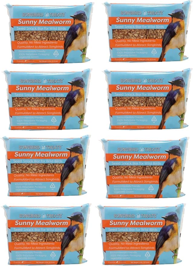 Wildlife Sciences Songbird Treats Seed Bars | 8 Pack of 1.6 lb Bird Seed Cakes for Wild Birds (Sunny Mealworm)
