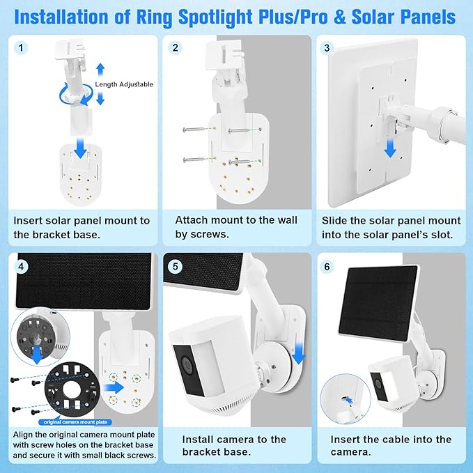 6W Solar Panel with Camera Mount for Ring Spotlight Cam Plus/Pro (Battery), Ring Stick Up Cam & Outdoor Cam Plus (Battery), 2-in-1 Solar Charger Wall Mount for Outdoor Security Cameras