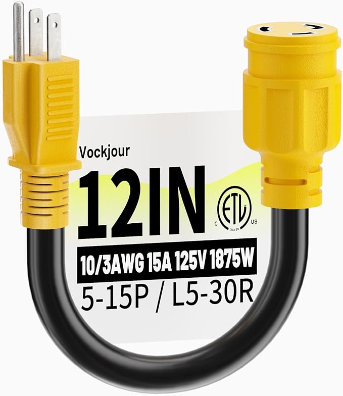 30 Amp to 110 RV Generator Plug Adapter 12 Inch, NEMA 5-15P Male to NEMA L5-30R Female, Heavy Duty Generator Adapter with Twist Lock Plug, STW 10AWG 15A 125V 1875W, Yellow, ETL Listed