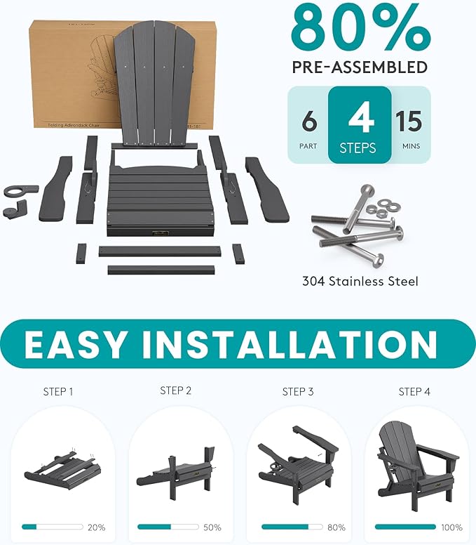 SERWALL Folding Adirondack Chair with Cup Holder for Outdoor, All-Weather Patio Chairs with Wood Texture, Fire Pit Chairs for Deck Porch Garden - Gray