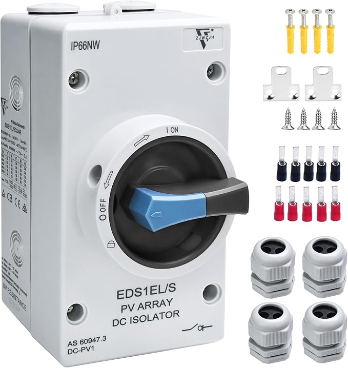 Solar Disconnect Switch 2-Pole DC1500 32A Isolator Solar Switch with Enclosure for Rooftop Solar Systems, RVs and Boat Waterproof IP66 Black