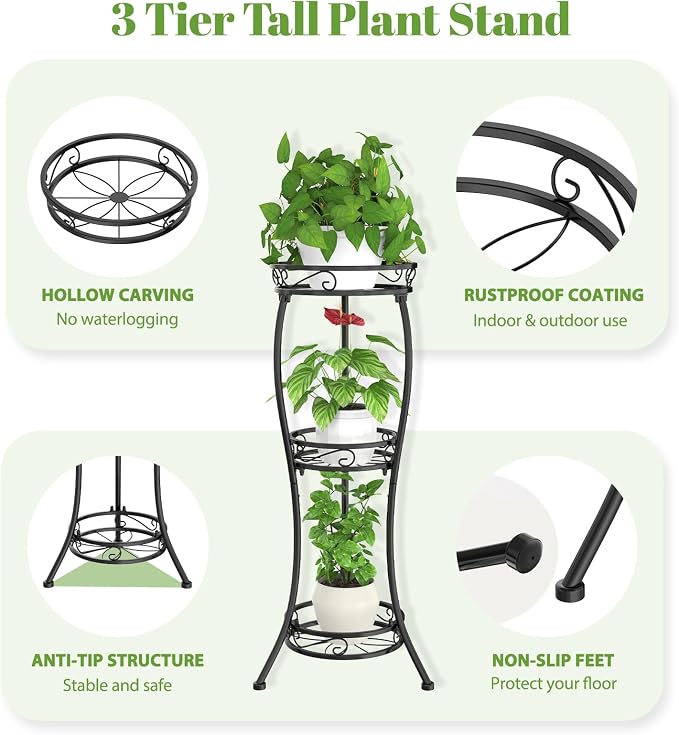 iDavosic.ly Plant Stand for Indoor Outdoor 2 Pack, 3 Tier Wrought Iron Vertical Flower Holder Shelf and 5 Layer Metal Pot Display Rack for Patio Porch Garden Living Room, Black