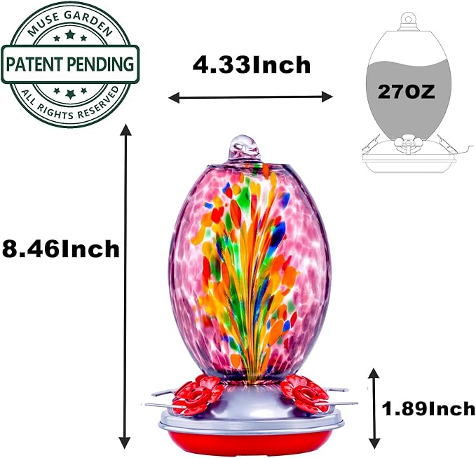 Muse Garden Glass Humming Bird Feeders for Outdoors - 27OZ Blown Glass Hummingbird Feeder - Unique Gift Mom Women, Outdoors Hanging Garden Decor, Includes Ant Moat & Brush, Purple Fireworks | Muse Garden Glass Humming Bird Feeders for Outdoors - 27OZ B...