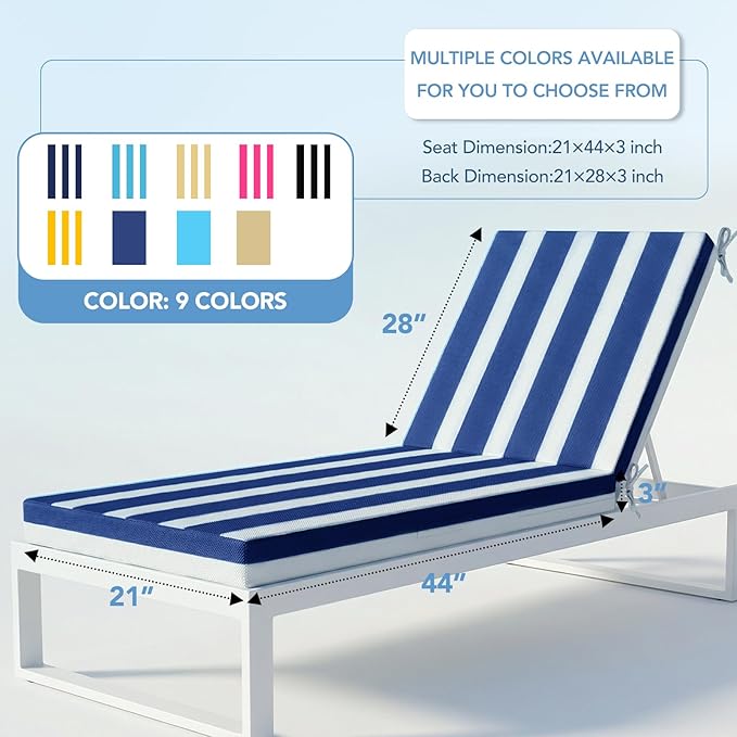 L'AGRATY Outdoor Lounge Chaise Cushion: 72x21x3 Inch Waterproof Lounge Chair Cushion for Outdoor Furniture with Fade Resistant Removable Cover - Patio Cushions for Pool Lawn(Navyblue White 1Pack)