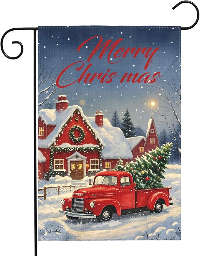 Merry Christmas Garden Flag 12x18 Inch Red Truck House Xmas Winter Holiday Seasonal Theme Decorative Yard Flags for Outside Double Sided Outdoor Home Farmhouse Decoration Porch Decor