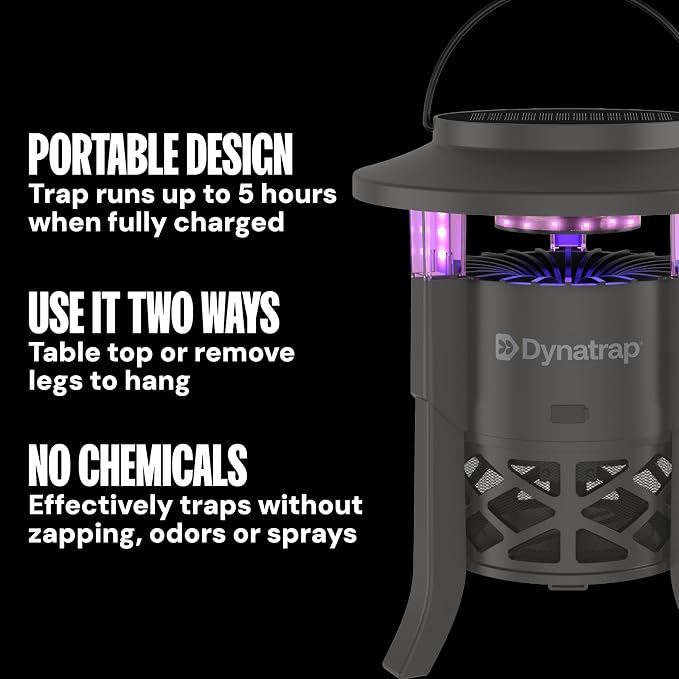 Dynatrap Outdoor Bug Trap, Tungsten 1/4 Acre Mosquito, Fly, Gnat, Moth Trap | UV LED Light, Chemical-Free Bug Zapper Alternative, Rechargeable, Portable Flying Insect Catcher with Cordless Capability