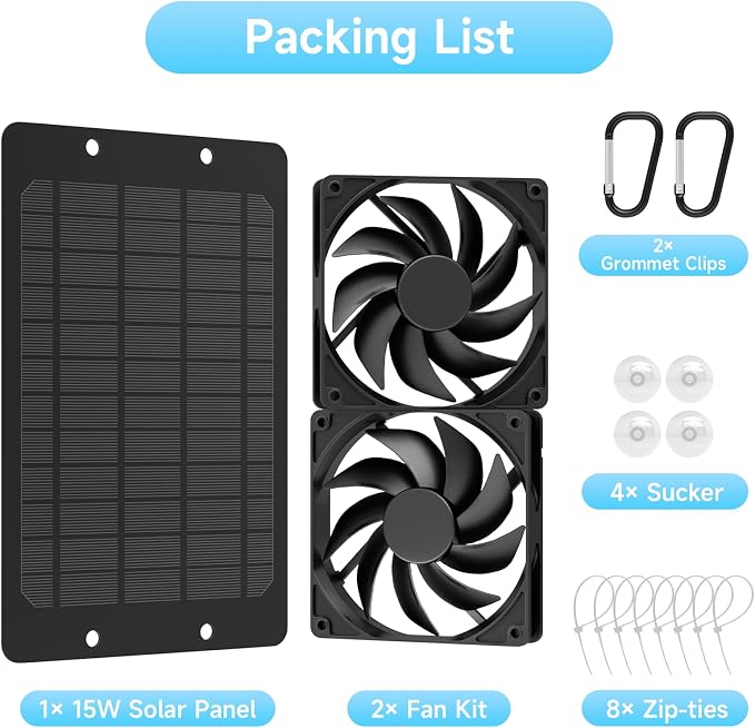 Solar Powered Fan for Outside, IP65 Waterproof Auto On/Off Solar Exhaust Fan Kit wtih 10 Ft Cable for Chicken Coop, Shed, Greenhouse, Pet House Ventilation Accessories