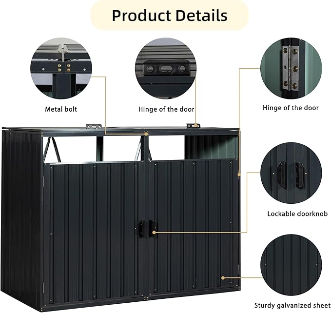 55.1 Cu.Ft Outdoor Trash Can Storage Shed, Metal Trash Can Storage Bin with Spring Chain Lid for Garbage Storage, Waterproof Storage Shed Stores for 2 Trash Cans, Garden Tools, Black